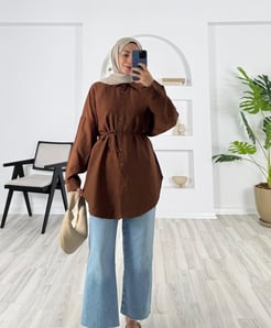 3057-çilek kumaş-tek cepli kolu apoletli kemerli gömlek-acı kahve