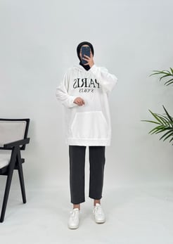 9358 L6 YANI+Parıs Sports Baskılı Kapüşonlu Sweatshirt Beyaz