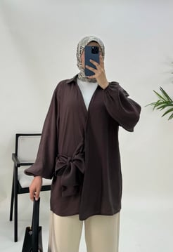 6643-moral kumaş-önden bağlamalı kimono-acı kahve