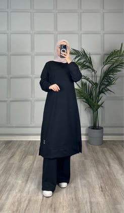 7894  C107+iki iplik kumaş tunik takım siyah