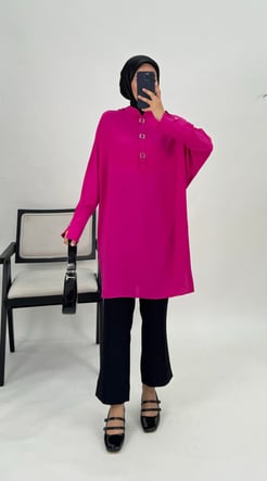 77581-ayrobin kumaş-yarım kareli çıtçıtlı tunik-fuşya