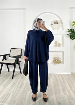 2660-oysho kumaş-şalvar model pantolonlu takım-lacivert