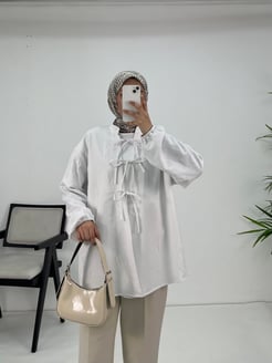 8631-kırışık kumaş-bilek ucu büzgülü önden bağlamalı kimono-beyaz