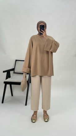 4421-oysho kumaş-kolları katlama detaylı yanları yırtmaçlı tunik-taş