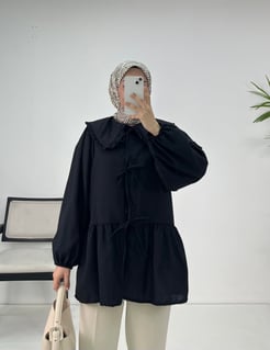9247-keten kumaş-bebe yaka önden bağlamalı kimono-siyah