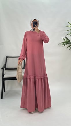 7282 B28+Piliseli Burgu Kumaş Kemerli Elbise pembe