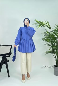 81930  G72+kolları ve bel  kısmı fırfır detaylı tunik  mavi
