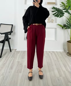 3975-dabıl krep kumaş-kemerli pantolon-bordo