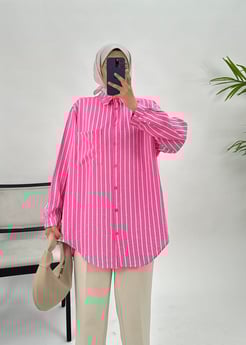 5851-modal kumaş-çizgili cepli tunik-pembe