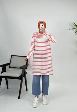 5356-suprem penye kumaş-çizgili tunik-turuncu