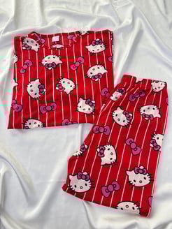 Ç8957-milan kumaş kısa kollu pijama takımı-kırmızı hello kitty desenli