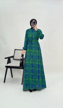 7522-pamuk viskon kumaş-etnik desenli kemerli elbise-benetton yeşili