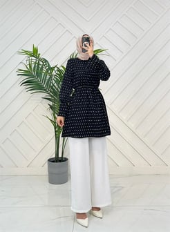 4046G49+beli ve kolları lastikli kolları ve eteği volanlı gofre kumaş tunik SİYAH 