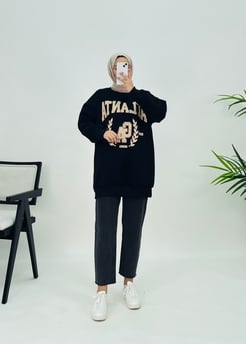 3596 K35+Üç İplik Atlanta Baskılı Sweatshirt Siyah