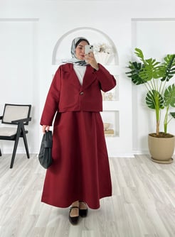 5964-zirve kumaş-önü düğmeli etekli takım-bordo