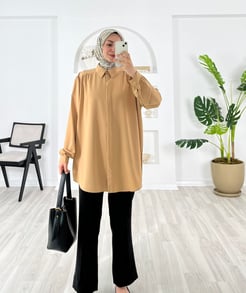 6647-dubai kumaş-gizli düğmeli kemerli tunik-karamel