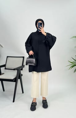 9250 J41+Kırışık Kumaş Kolları İp Bağlamalı Tunik  Siyah