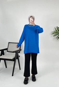 3168 - BÜRÜMCÜK KUMAŞ KOLYELİ TUNIK - MAVI  