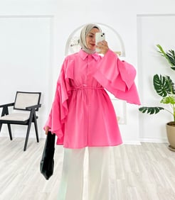 1308 poplin kumaş kolları fırfırlı beli baglamalı gömlek - pembe