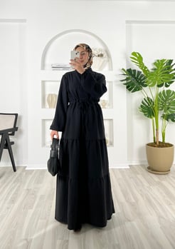 7843-ayrobin kumaş-yarım düğmeli beli büzülebilir elbise-siyah