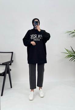 9358 Y94+Parıs Sports Baskılı Kapüşonlu Sweatshirt Siyah