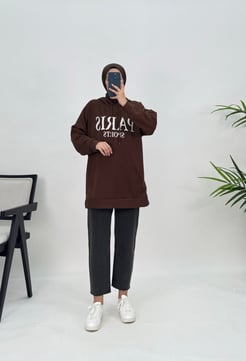 9358 L6 YANI+Parıs Sports Baskılı Kapüşonlu Sweatshirt Acı Kahve