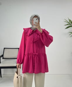 9247-keten kumaş-bebe yaka önden bağlamalı kimono-fuşya