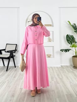 7858-çilek kumaş-kolu düğme detaylı etekli takım-pembe