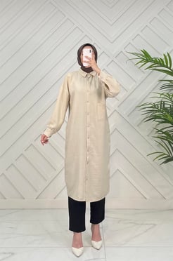 4856 I95+keten kumaş- bir tarafı cep detaylı -diz altı tunik-taş