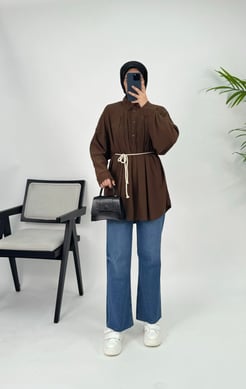 4671-bürümcük kumaş-yarım düğmeli tunik-acı kahve