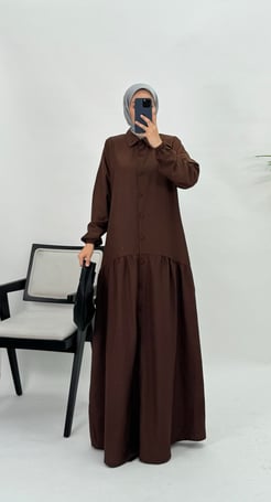 6641-poplin kumaş boydan düğmeli elbise acı kahve