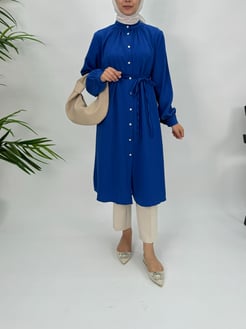 67452-vague-ince kuşaklı taş çiçek düğmeli tunik-mavi