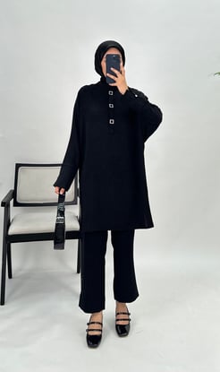 77581-ayrobin kumaş-yarım kareli çıtçıtlı tunik-siyah