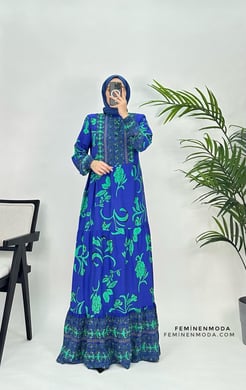 5730 D72++VİSKON KUMAŞ YAPRAK DESENLİ ELBİSE MAVİ 