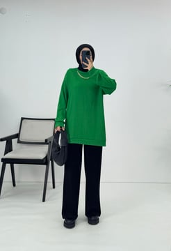 5171 E112-yanı+bürümcük kumaş kolyeli tunik YEŞİL 