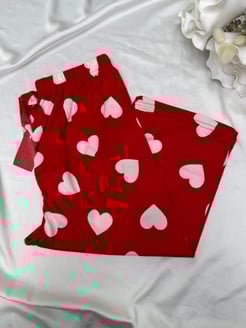 ç4563 - milan kumaş kapri beyaz kalpli pijama altı - kırmızı 