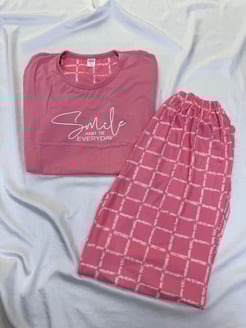 ç20078 - kısa kollu milan kumaş kareli pijama takımı - pembe 