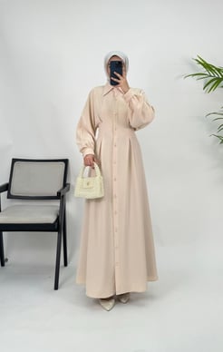 4278-twill kumaş-yanları pileli düğmeli-yakalı elbise-taş