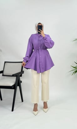 3499 A121+Kırışık Kumaş Kemerli Tunik Saks Mavi