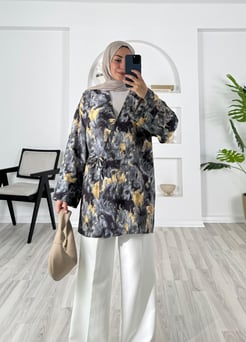7208-lilium kumaş-batik desenli yandan bağlamalı kimono-füme