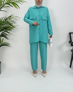 6243-gofre kumaş-pantolonlu tunik takım-su yeşili