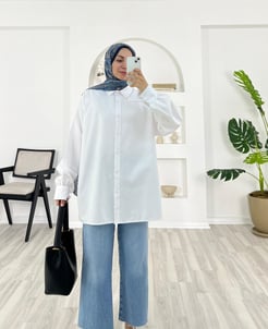 7269-terikoton kumaş-bilek ucu bağlama detaylı gömlek-beyaz