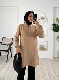 6148-Keten kumaş-yarım fermuarlı tunik-sütlü kahve