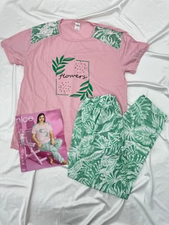 Ç1368 - BÜYÜK BEDEN KISA KOLLU FLOWERS PIJAMA TAKIMI - YEŞİL / PEMBE 