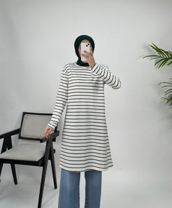 5356-suprem penye kumaş-çizgili tunik-yeşil