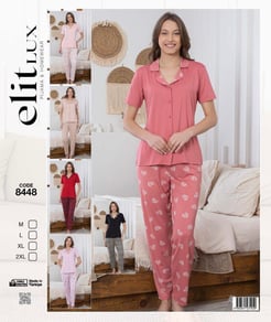 ç6098 - milan kumaş gömlek yaka kalpli kısa kollu pijama takımı- pembe