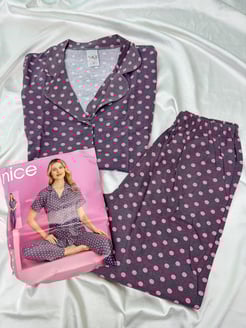 Ç14272 - rotasyon kumaş gömlek yaka puantiyeli kısa kollu pijama takımı - füme