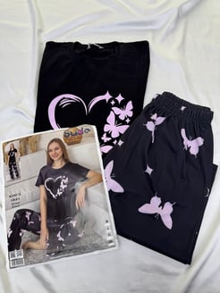 ç600-51 kısa kollu bambu kelebekli pijama takımı - siyah 
