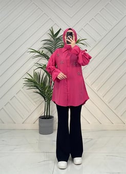 1075 F68 terikoton kumaş kolları bağlamlı taş işlemeli tunik fuşya