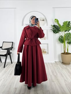 3408-kartepe kumaş-ceketi bağcıklı elbiseli takım-bordo
